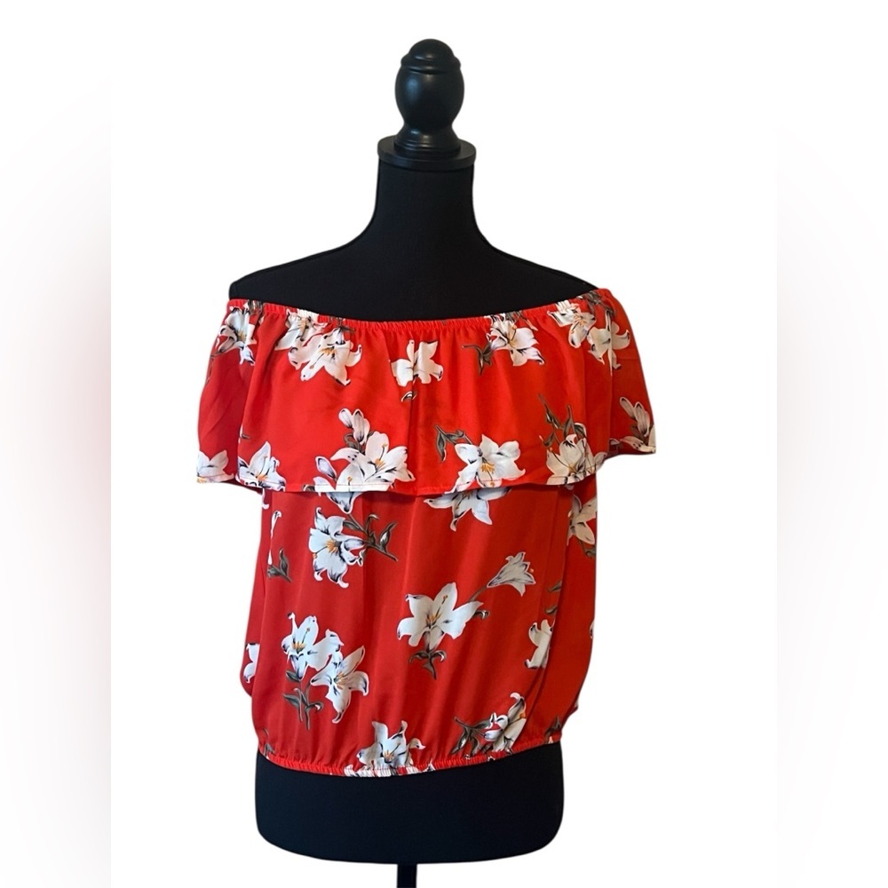 Sienna Women's Floral Off-The-Shoulder Crop Top-Sky Red-Size Large